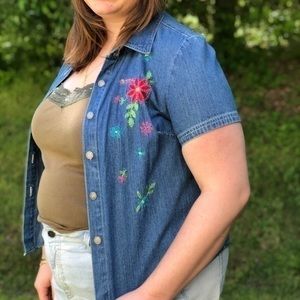 Women’s Denim Floral Embroidered Short Sleeve Button-Up
